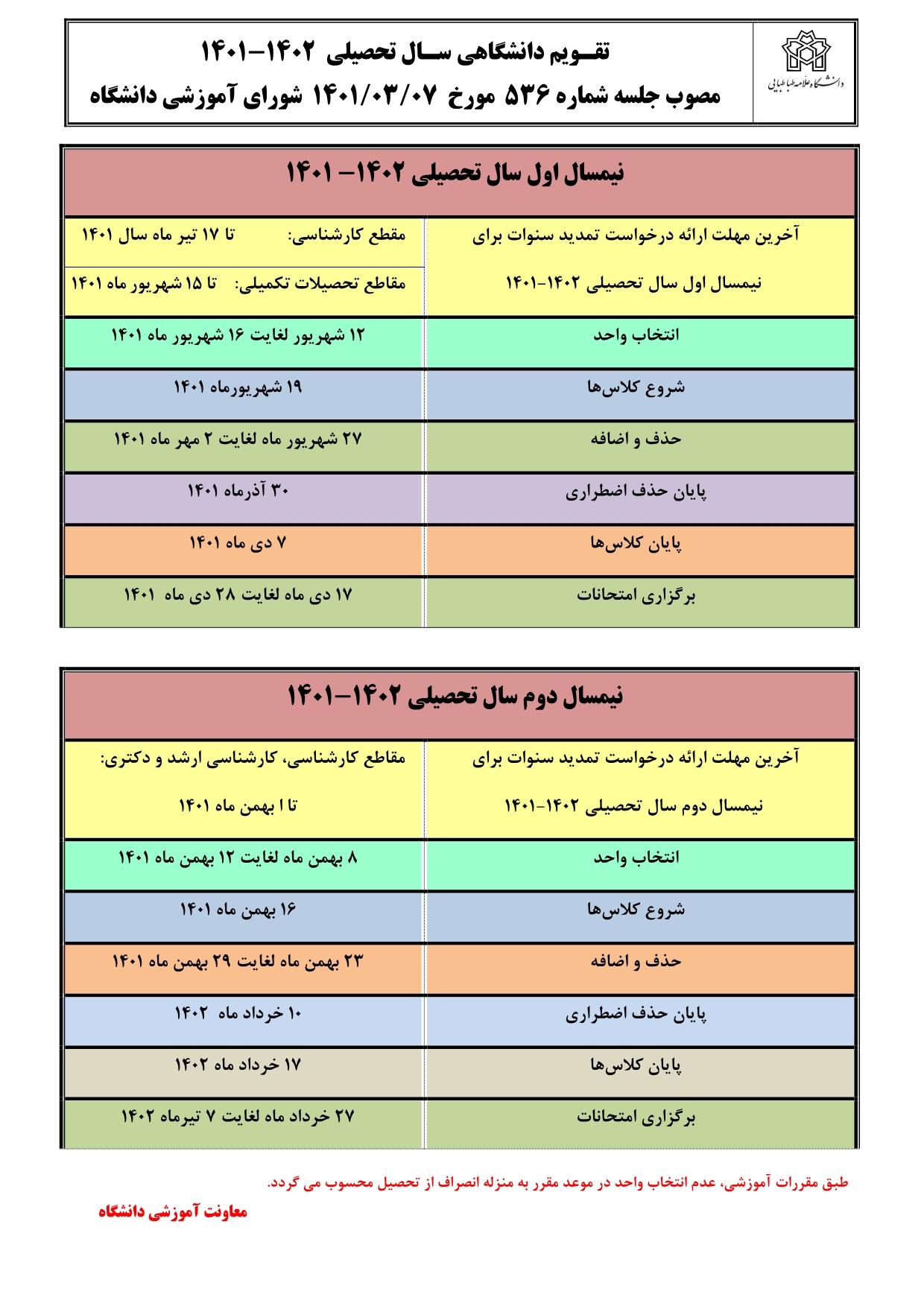 زمانبندی انتخاب واحد نیمسال اول ۱۴۰۱